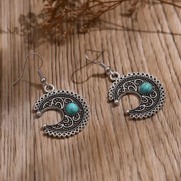 Silver Turquoise Filigree Moon Western Boho Dangle Earrings - Picture 1 of 5